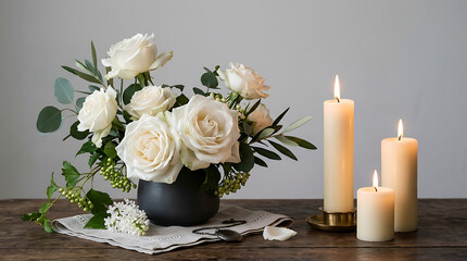 Obraz premium Elegant floral arrangement with white roses and greenery alongside candles in a minimalistic setting for a sophisticated decor
