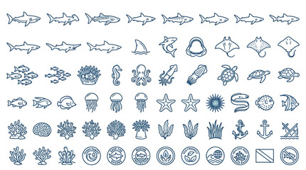 Obraz premium Ocean Animals and Marine Life Icons Set