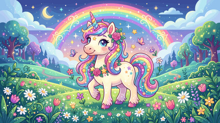 Fototapeta premium Colorful Cartoon Unicorn in a Magical Rainbow Landscape