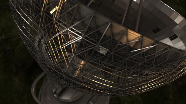 3D Render of Radio Telescope Satellite Dish Tracking Night Sky with Details. Themes of deep space exploration, signals from the universe, and astronomical research. 4K.