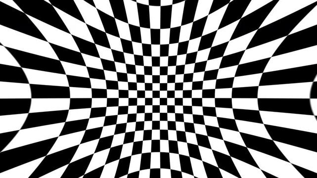 Heavily Warped Abstract Black and White Squares Moving Left to Right. Hypnotic Visual Background. Abstract Animation. 4K.
