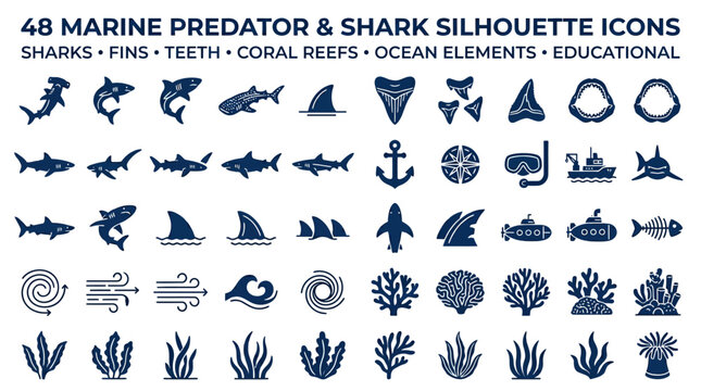 Shark and marine life silhouette icons vector set