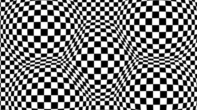 Black and White Squares Moving Left to Right with Spherically Warped Bulges in Corners and Centre. Hypnotic Abstract Visual Background. Abstract Animation. 4K.