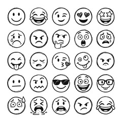 Fototapeta premium A collection of various hand-drawn emoji icons featuring diverse facial expressions and moods on a white background.