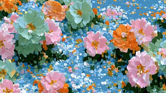Visually rich speckled mosaic pattern on solid blue base, evenly distributed small organic shapes in pastel green, soft pink, bright orange and white, pointillism and impressionist watercolor style wi