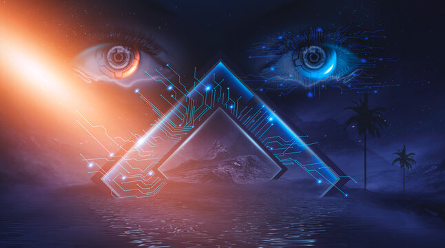 Cyberpunk Surveillance Eyes with Circuit Pyramids, Neon Orange Blue Glow, Fantasy Technology Concept
