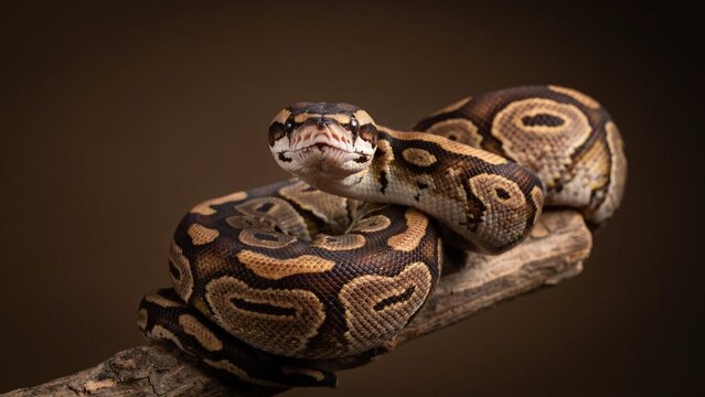A beautiful ball python snake coiled up resting on a wooden branch showing detailed patterns and skin texture on its dark brown and orange patterned body in a close up shot
