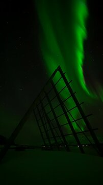 Aurora borealis glowing above traditional cod drying rack near Tromso on a winter night, vertical static silhouette in real time, nobody