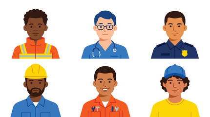 Fototapeta premium Labor force avatars representing diverse career specialties in modern flat illustration for human resources recruitment