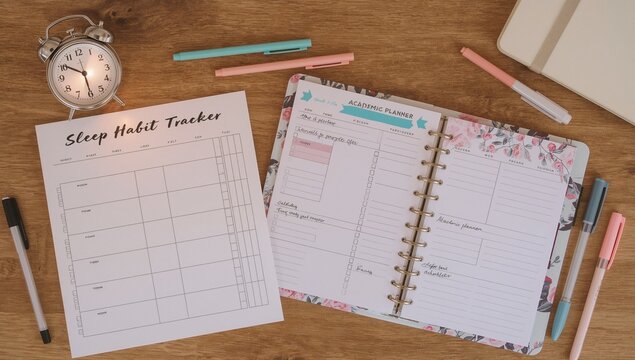 Organized Desk with Sleep Habit Tracker and Academic Planner in Bright Workspace
