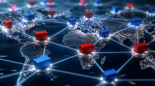 A global supply chain network with interconnected shipping routes and distribution hubs.