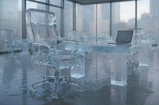 Melting Ice Office Furniture as Disappearing White Collar Jobs Concept
