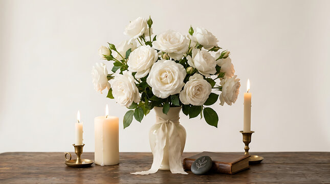 Elegant floral arrangement with white roses and candles creating a serene and sophisticated ambiance for home decor or special