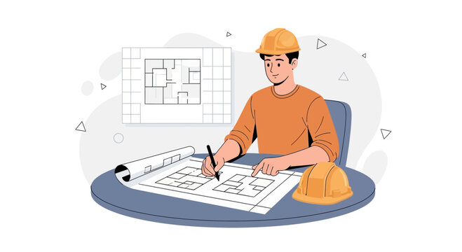 Architect or engineer in hard hat working on blueprints, drafting building plans for construction project