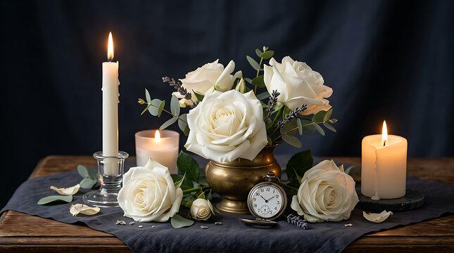 Elegant floral arrangement with white roses candles and clock creating a sophisticated ambiance in a dark setting