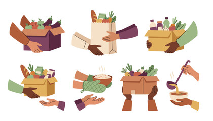 Fototapeta premium Food donation hands set. People giving grocery boxes, paper bags with vegetables, hot soup, charity distribution, humanitarian aid support.
