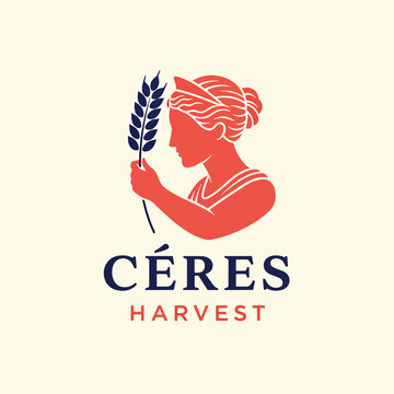 Ceres goddess holding wheat stalk logo design.