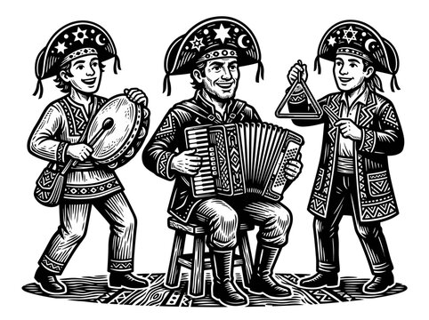 Traditional Brazilian Forr&oacute; Trio Woodcut Style Illustration with Accordion and Zabumba