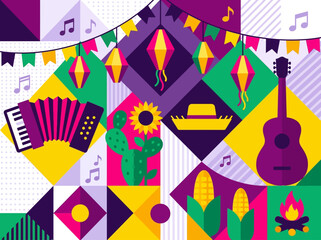 Obraz premium Colorful Festa Junina Geometric Vector Illustration with Brazilian Festival Symbols