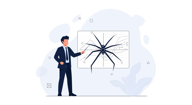 Businessman presenting spider graph analysis, illustrating data, strategy, and financial risk management concepts.