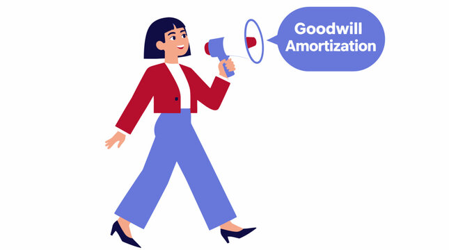 Woman in red blazer holding megaphone with goodwill message.