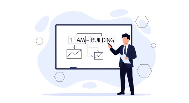 Businessman presents team building strategy with flowchart and charts on a whiteboard