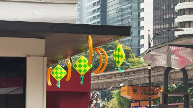 Traditional Malay Ketupat Hari Raya Decorations hanging on the roof at Urban Public Space