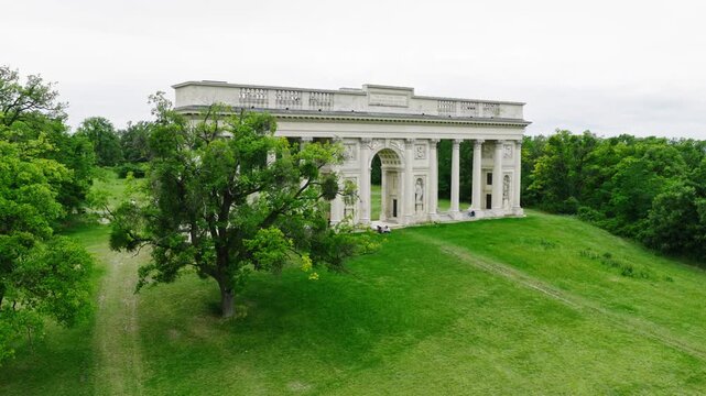 Drone aerial view of the historic Reistna Colonnade overlooking the Lednice&ndash;Valtice Cultural Landscape near Valtice, Czech Republic. Elegant neoclassical architecture surrounded by lush greenery.