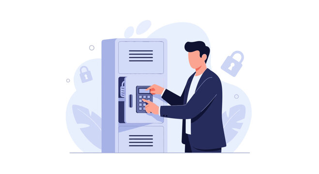 Businessman Using Digital Lock on Safe Deposit Box for Secure Storage and Financial Security Concepts