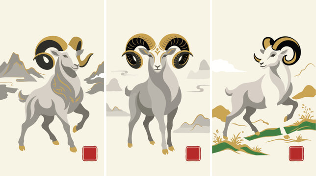 Three elegant artistic illustrations of majestic bighorn rams with curved horns standing in a stylized minimalist landscape setting for design