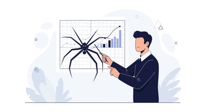 Business concept: analyzing a spider web of online threats and data security challenges with a professional consultant.