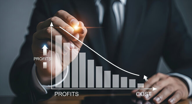 Business analyst reviewing declining profits graph with cost increase on a digital interface showing a downward trend