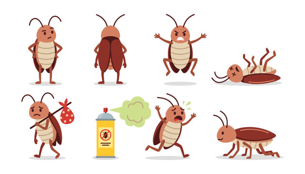 Cute cartoon cockroach character set with pest control spray. Dead insect, running bug, sad cockroach, pest extermination concept, aerosol can.