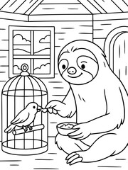 Fototapeta premium Sloth Feeds Bird in Cage: A friendly sloth is feeding a small bird from a bowl, with a bird cage and window in the background. Line art illustration style for coloring.