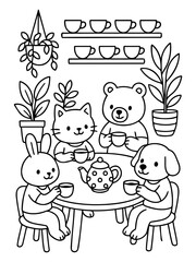Fototapeta premium Animal Tea Party: A whimsical illustration of four cute animal friends, a cat, bear, dog, and rabbit, enjoying a delightful tea party around a round table.