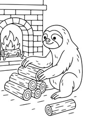 Fototapeta premium Cartoon Sloth by Fireplace: A cute cartoon sloth stacks firewood near a warm, glowing fireplace. The illustration is simple and charming, perfect for children's books or educational materials.
