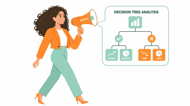 Woman with megaphone and decision tree analysis diagram.