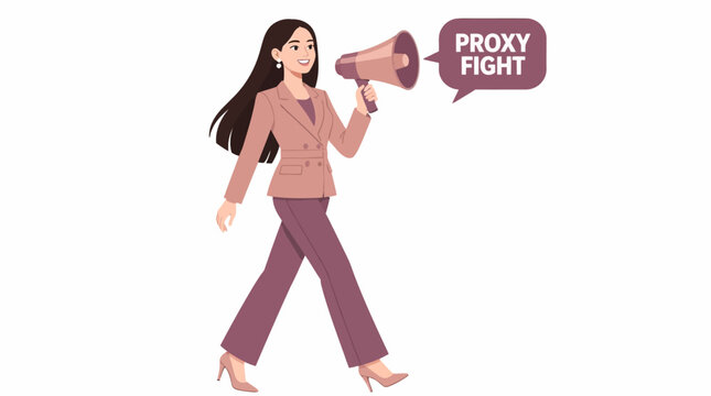 Woman holding megaphone with proxy fight message.