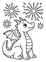 Obraz premium Cute Dragon with Fireworks: A charming cartoon dragon sits patiently, looking up at a display of festive fireworks, ready for a celebration.