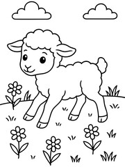 Obraz premium Cute Lamb Coloring Page: A delightful line art illustration of a fluffy lamb standing in a field of flowers under a cloudy sky, perfect for children's coloring activities.