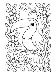 Fototapeta premium Toucan Bird Coloring Page: A whimsical illustration of a toucan perched on a branch, surrounded by floral vines, perfect for a creative coloring activity.