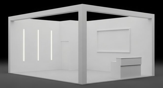Minimalist white exhibition booth 3D render with simple lighting and counter design.