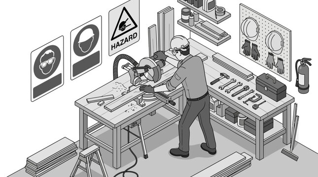 Carpenter using power miter saw at a woodworking station.