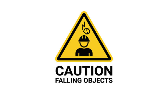 Caution falling objects yellow warning sign with worker.