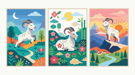 Fototapeta premium Three beautiful flat style illustrations depicting a white goat in different natural settings with vibrant colors and artistic landscape elements