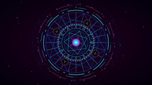 Mystical glowing magic spell circle rotating neon pink cyan energy