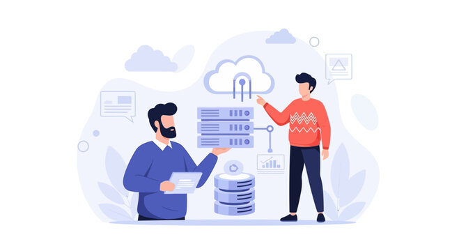 Cloud computing, data storage, and server administration concept with people interacting with technology