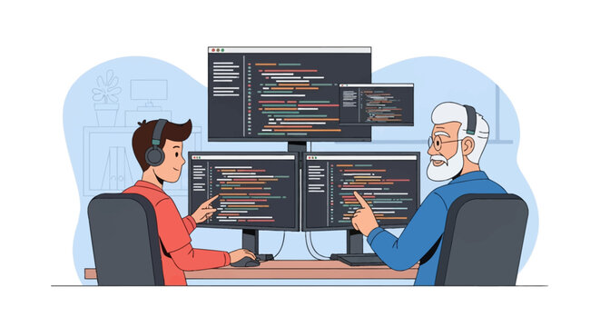 Young software developer and senior mentor collaborating on code using three computer monitors with syntax highlighting in a professional office workspace setting vector illustration.