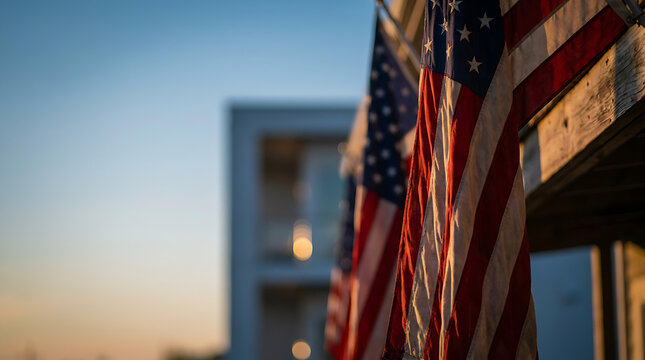 American Flag Displayed Outside Building at Sunset, Patriotism, National Pride and United States Heritage Concept