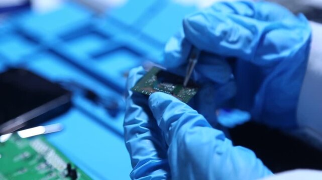 Technician assembling and testing an electronic circuit board in a high tech laboratory, representing semiconductor engineering, electronics manufacturing, precision technology and hardware developmen